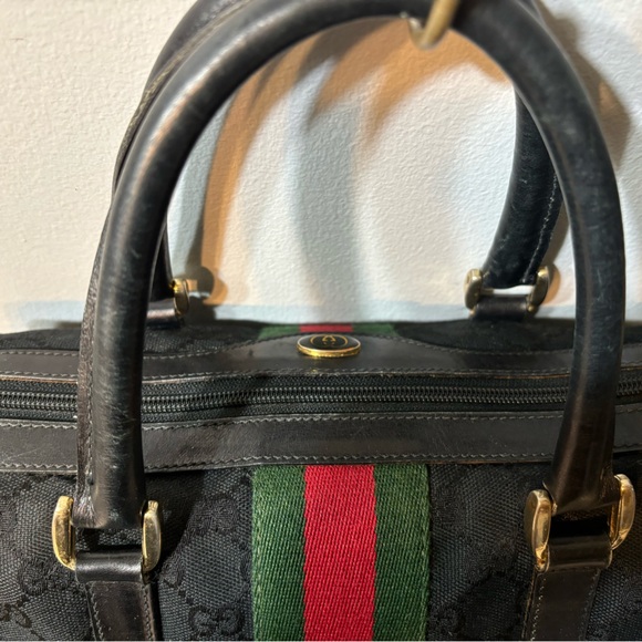 Gucci Black Canvas Monogram Sherry Stripes Boston Bag - Picture 2 of 13